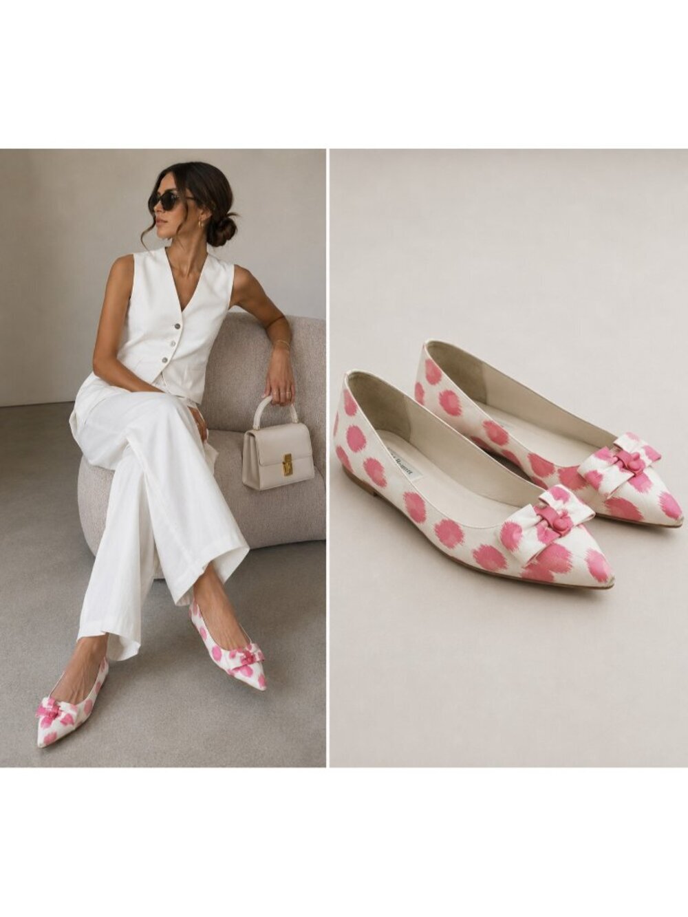 L.K. Bennett London Ballet Flats EU 41US 10.5 Pink White Leather Bow Pointed Toe